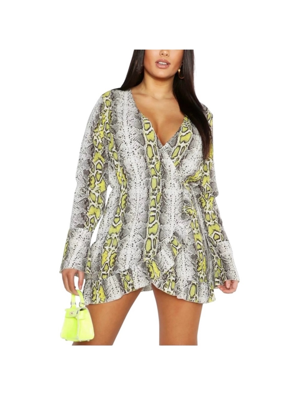 Boohoo Women’s Neon Yellow Snake-Print dress 14 NWT